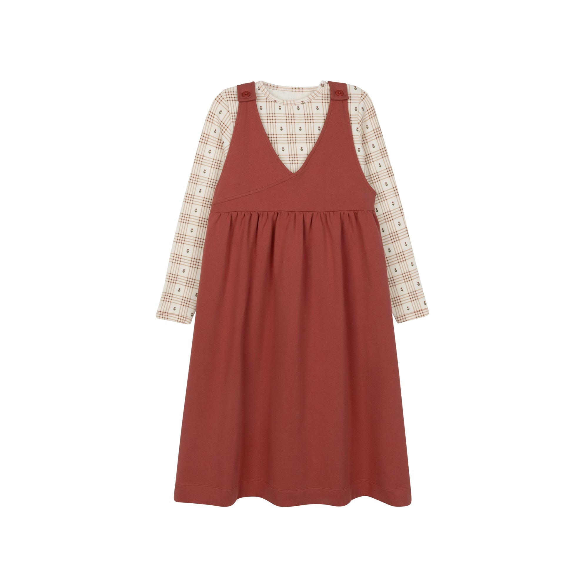 Cotton Floral Plaid Ruffle Neck Tee – Ivory/Pink