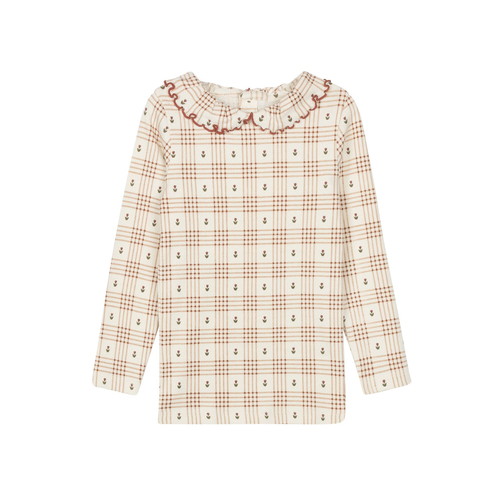 Cotton Floral Plaid Ruffle Neck Tee – Ivory/Pink