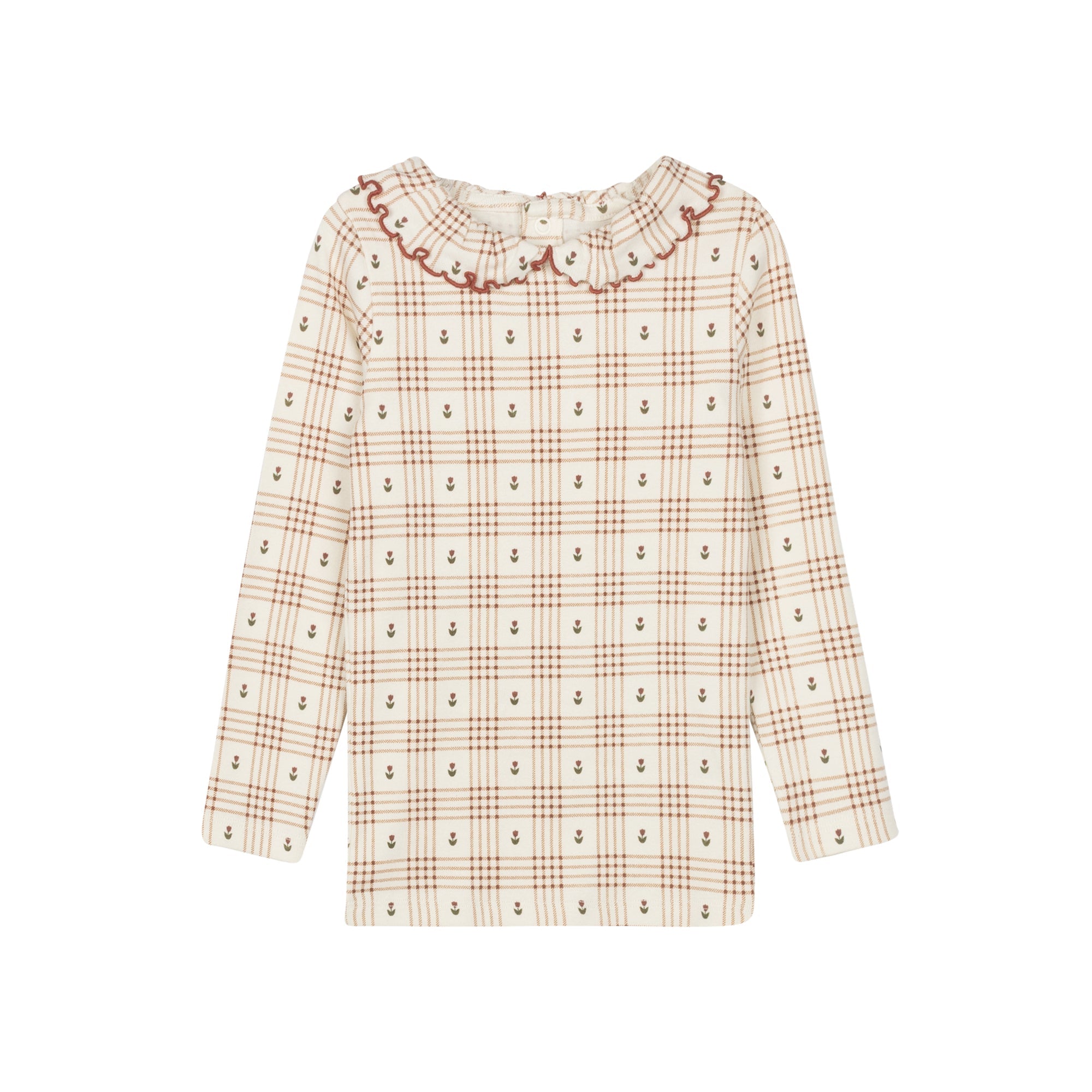 Cotton Floral Plaid Ruffle Neck Tee – Ivory/Pink
