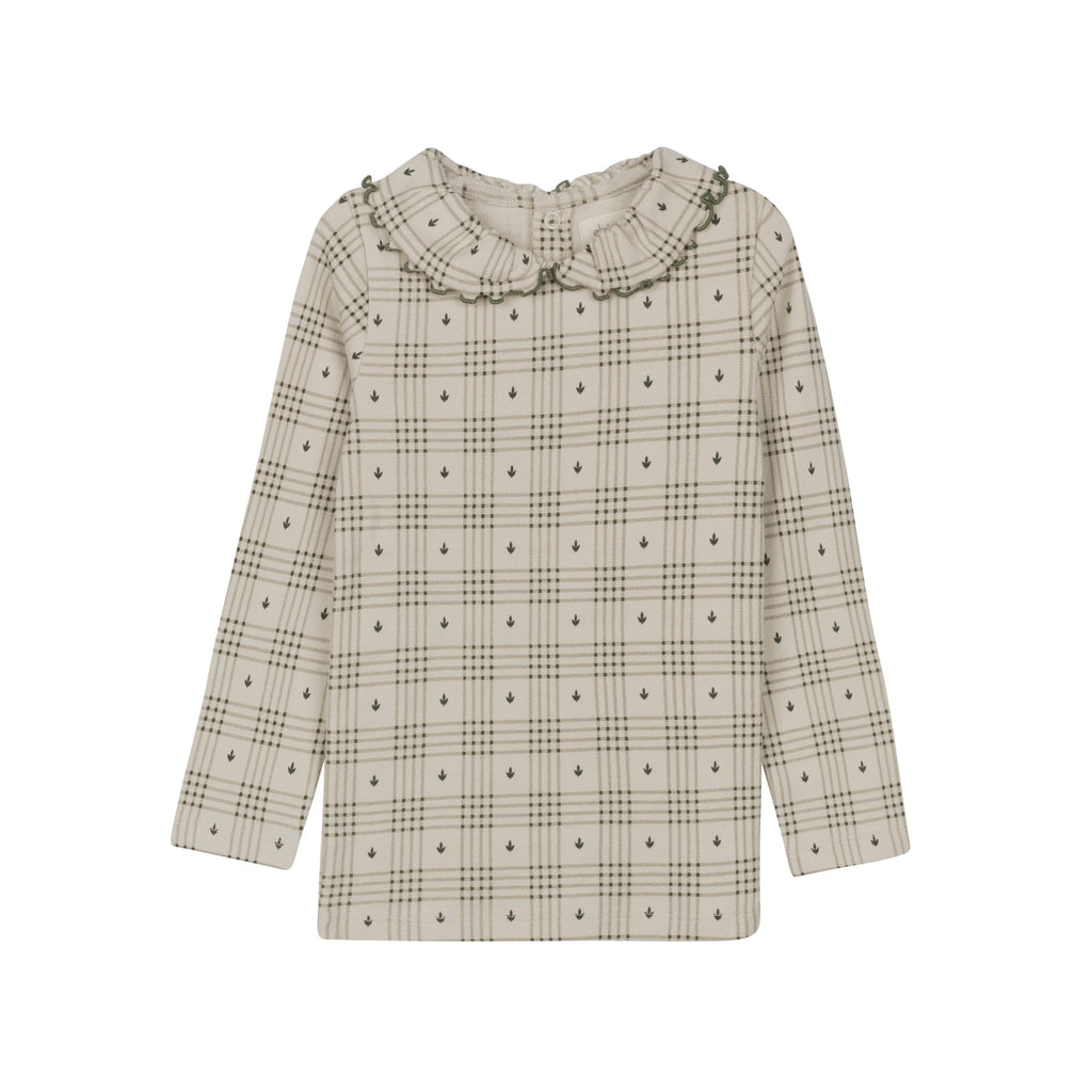 Cotton Floral Plaid Ruffle Neck Tee – Tan