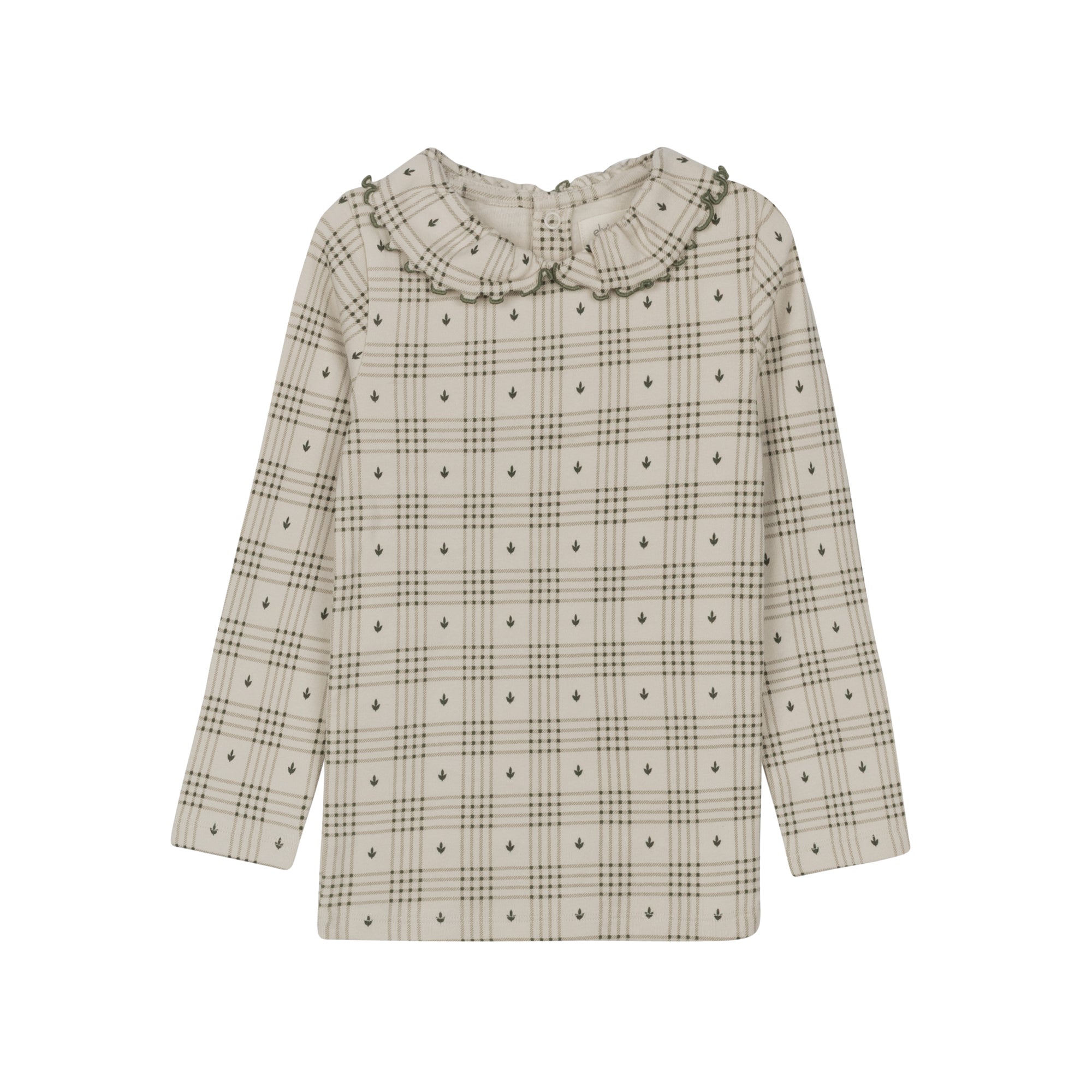 Cotton Floral Plaid Ruffle Neck Tee – Tan