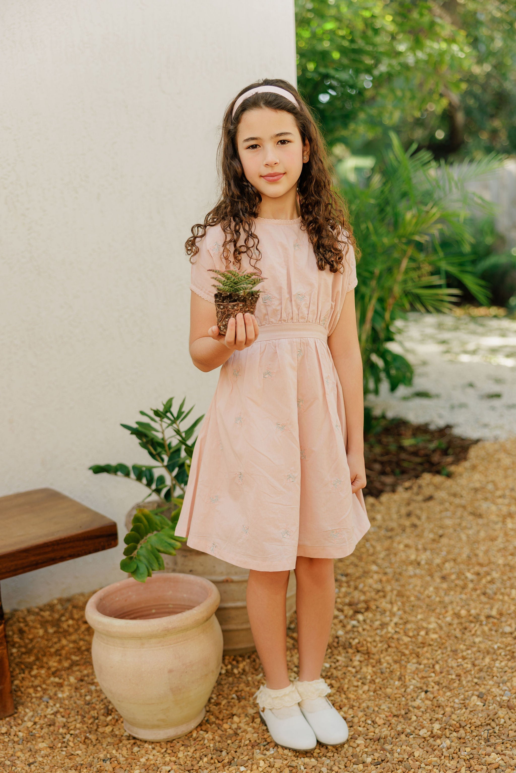Girls Embroidered Floral Short Sleeve Dress – Pink