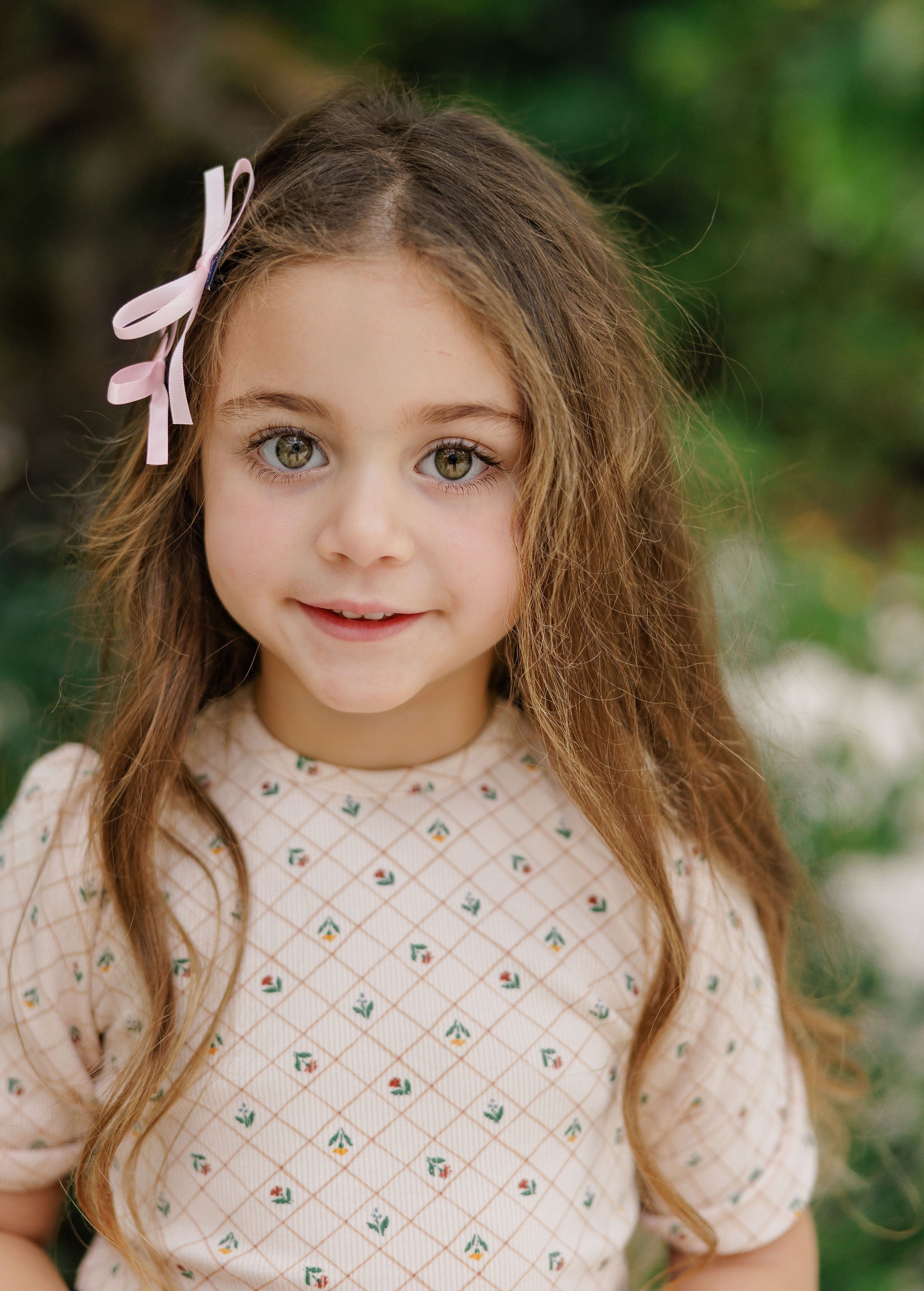 Girls Dress 3/4 Sleeves - Pink - Floral Grid