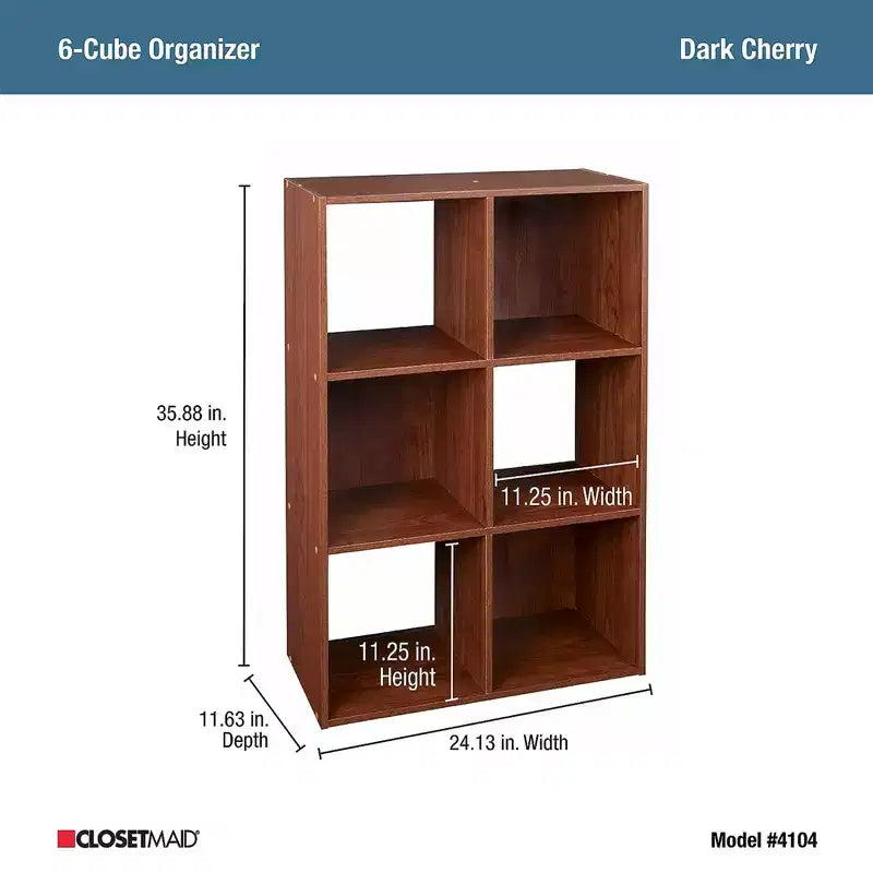 6 Cube Cubby Wood Open Bookcase Display Shelf Organizer, Dark Cherry