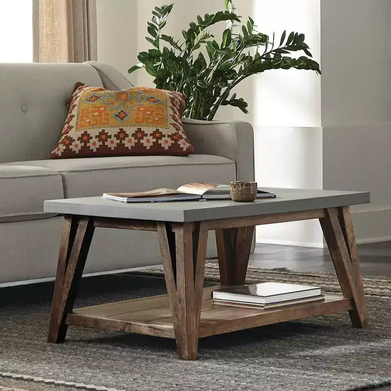 Coffee Table Concrete Coated Top and Wood Light