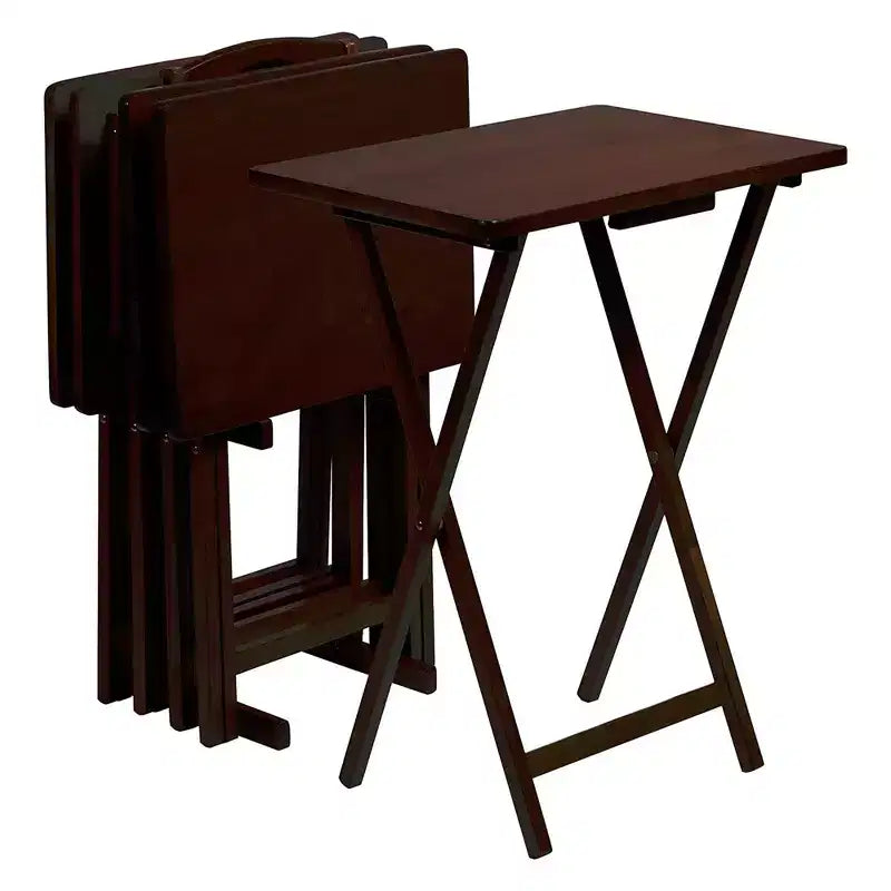 Solid Wood Construction Rectangle Folding Portable TV Snack Serving Tray Table with Compact Storage Rack, Espresso Brown (Set of 7)