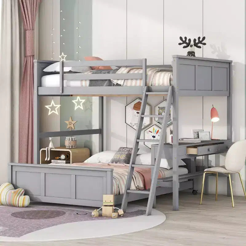 Full Over Full/ Twin Over Full Wood Bunk Bed with Desk and Ladder-ModernLuxe