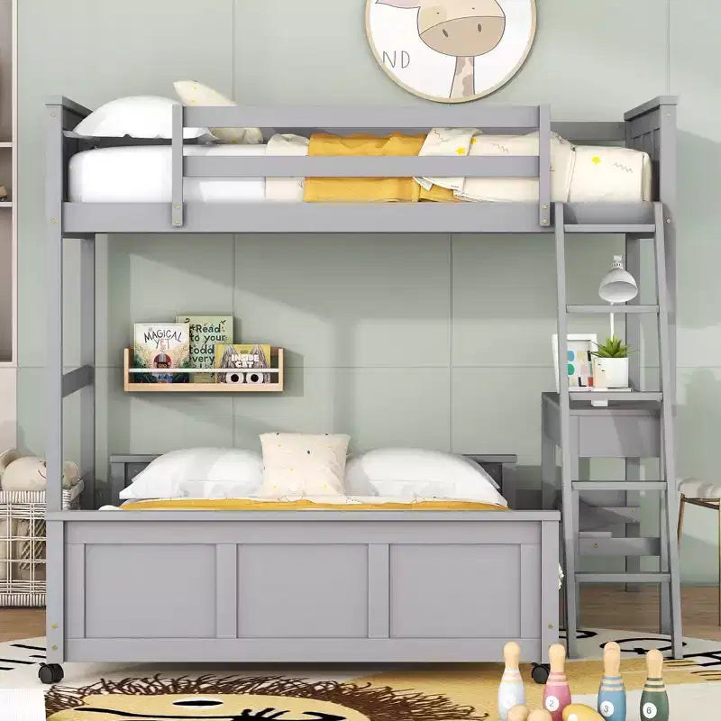 Full Over Full/ Twin Over Full Wood Bunk Bed with Desk and Ladder