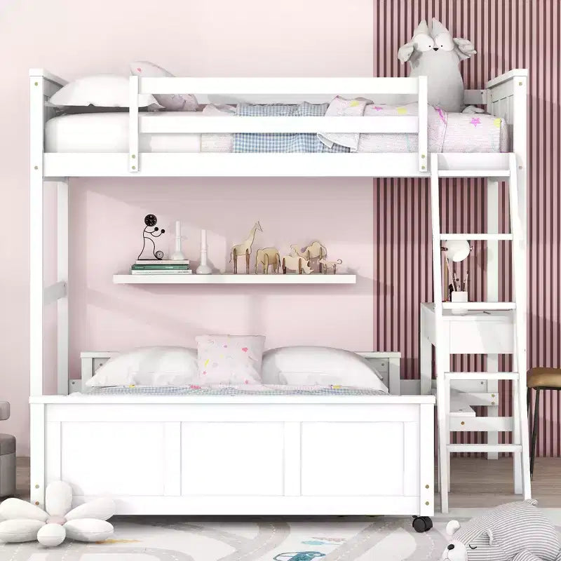Full Over Full/ Twin Over Full Wood Bunk Bed with Desk and Ladder