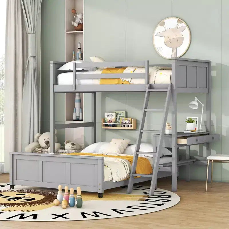 Full Over Full/ Twin Over Full Wood Bunk Bed with Desk and Ladder