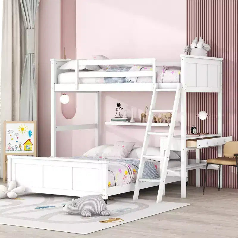 Full Over Full/ Twin Over Full Wood Bunk Bed with Desk and Ladder