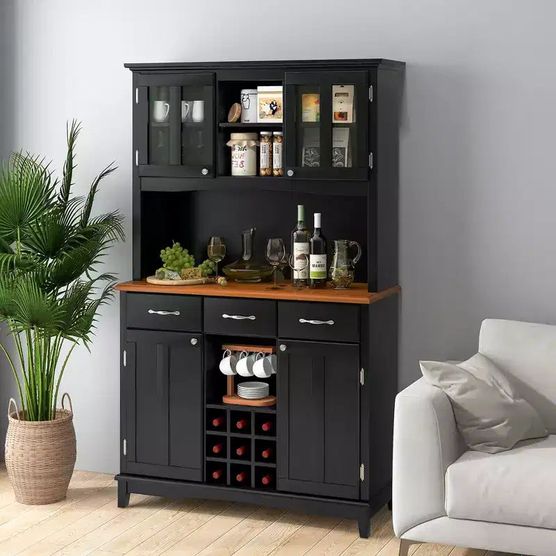 Buffet And Hutch Kitchen Storage Cabinet Cupboard w/ Wine Rack & Drawers Black