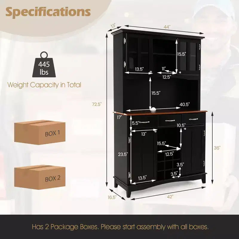 Buffet And Hutch Kitchen Storage Cabinet Cupboard w/ Wine Rack & Drawers Black