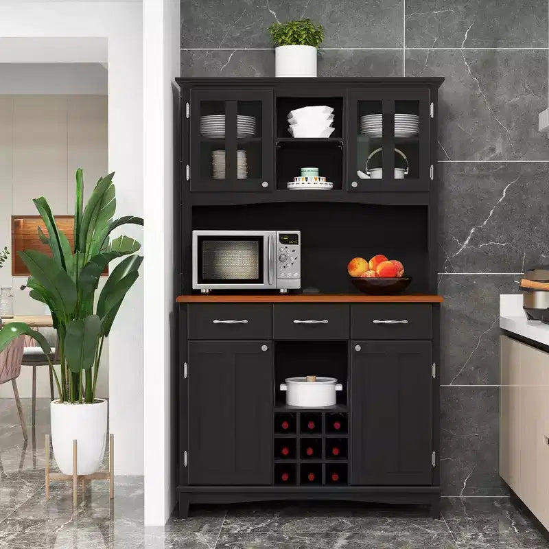Buffet And Hutch Kitchen Storage Cabinet Cupboard w/ Wine Rack & Drawers Black