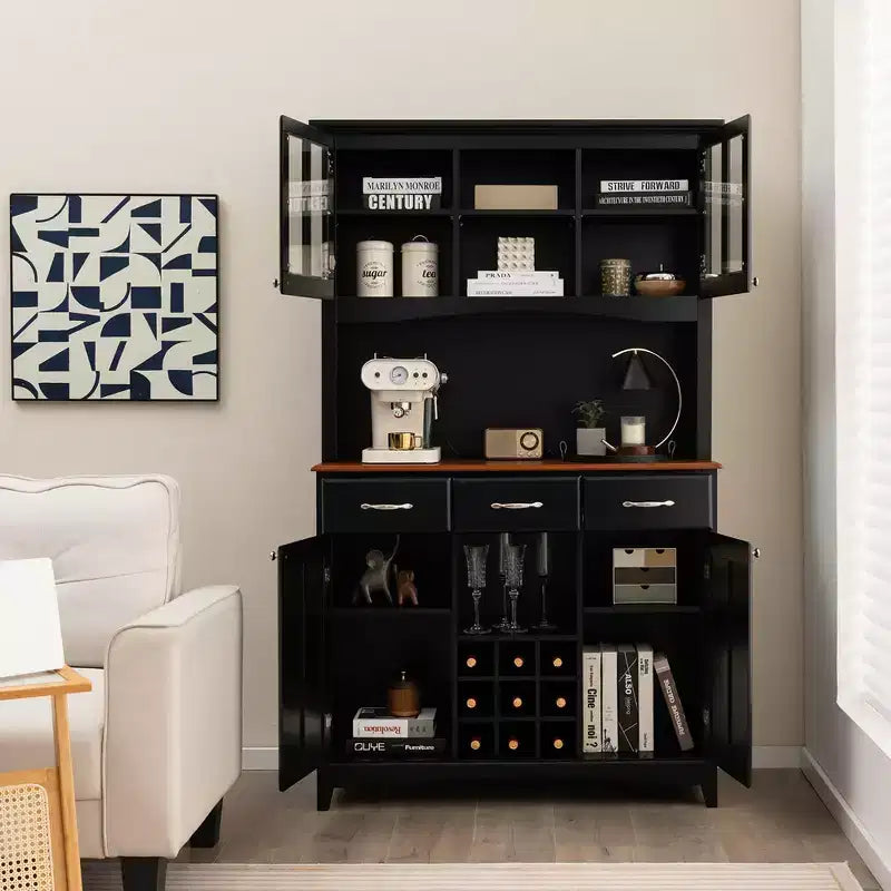 Buffet And Hutch Kitchen Storage Cabinet Cupboard w/ Wine Rack & Drawers Black