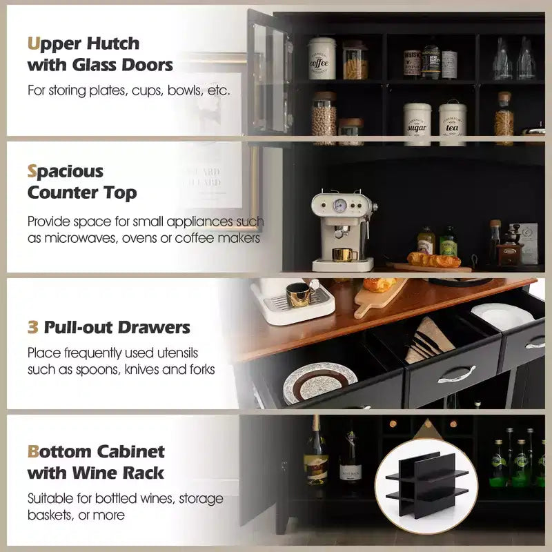 Buffet And Hutch Kitchen Storage Cabinet Cupboard w/ Wine Rack & Drawers Black