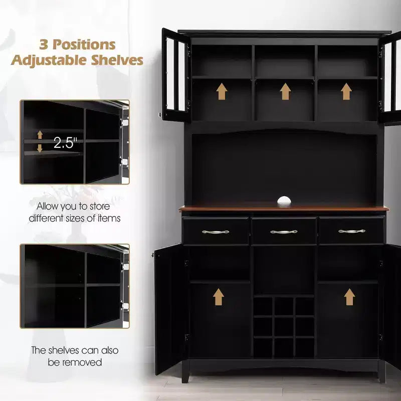 Buffet And Hutch Kitchen Storage Cabinet Cupboard w/ Wine Rack & Drawers Black