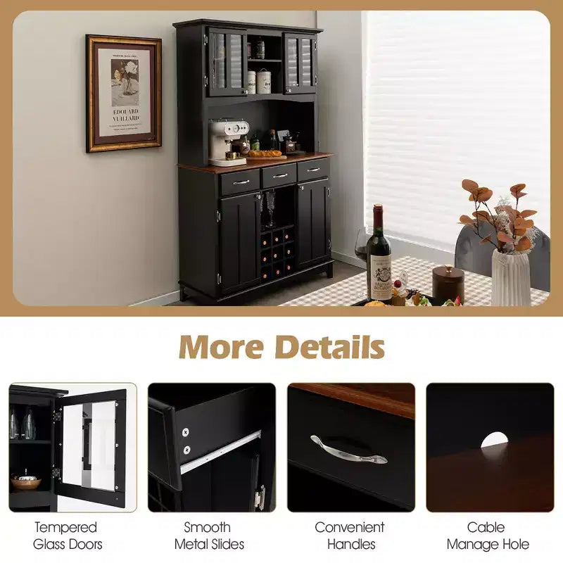Buffet And Hutch Kitchen Storage Cabinet Cupboard w/ Wine Rack & Drawers Black