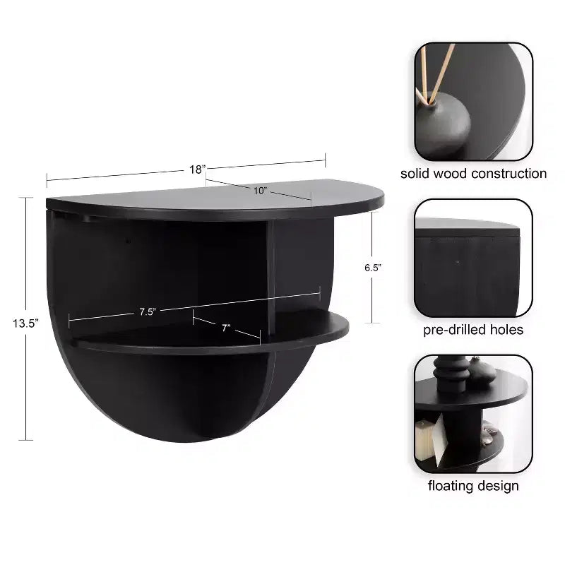 Jalla Half Circle Wood Floating Side Table, 18x14, Black