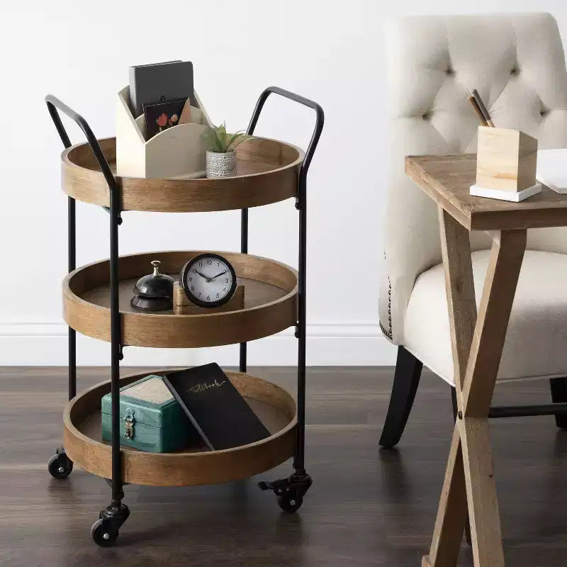 Lloyd Round Metal Bar Cart, 18x18x31.5, Rustic Brown and Black