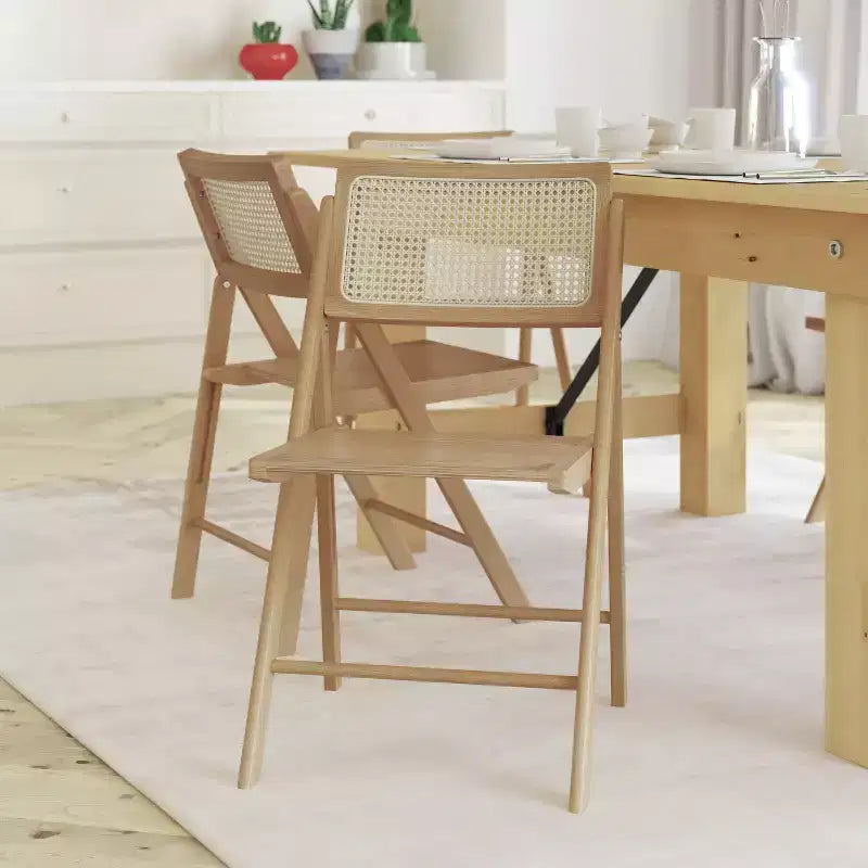 Set of 2 Cane Rattan Folding Chairs with Solid Wood Frames and Seats and Breathable Woven Rattan Backrest