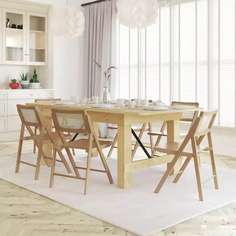 Set of 2 Cane Rattan Folding Chairs with Solid Wood Frames and Seats and Breathable Woven Rattan Backrest
