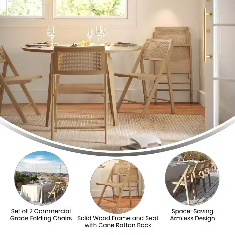 Set of 2 Cane Rattan Folding Chairs with Solid Wood Frames and Seats and Breathable Woven Rattan Backrest