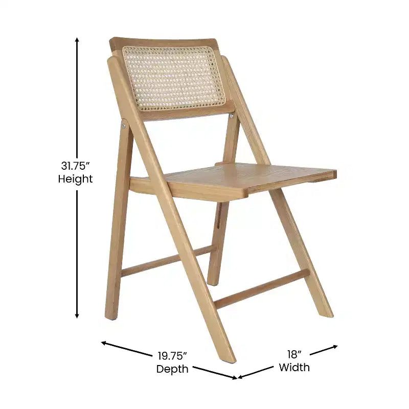 Set of 2 Cane Rattan Folding Chairs with Solid Wood Frames and Seats and Breathable Woven Rattan Backrest