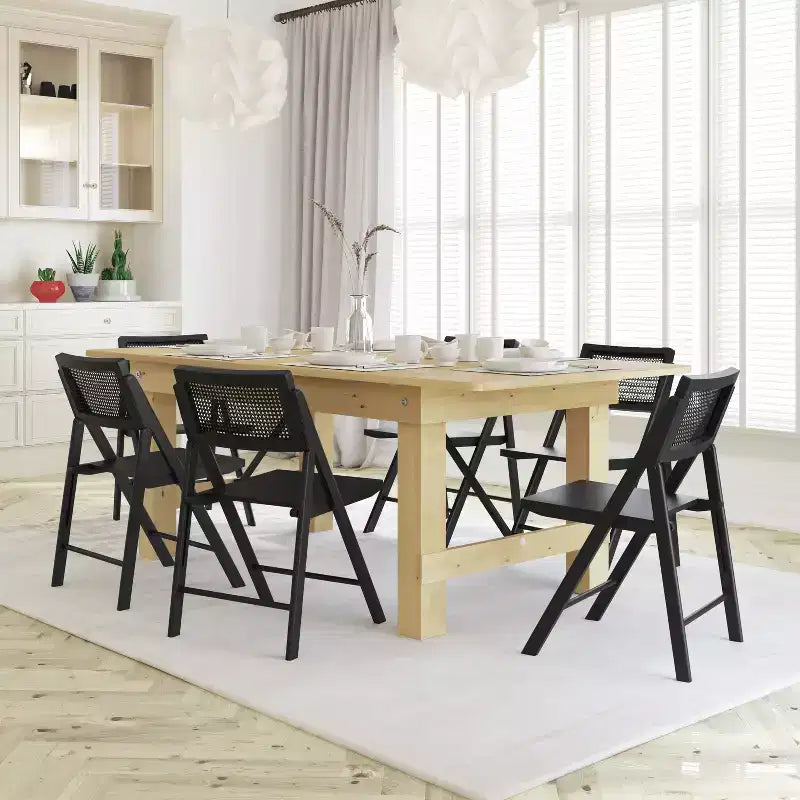 Set of 2 Cane Rattan Folding Chairs with Solid Wood Frames and Seats and Breathable Woven Rattan Backrest