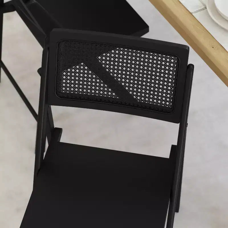 Set of 2 Cane Rattan Folding Chairs with Solid Wood Frames and Seats and Breathable Woven Rattan Backrest
