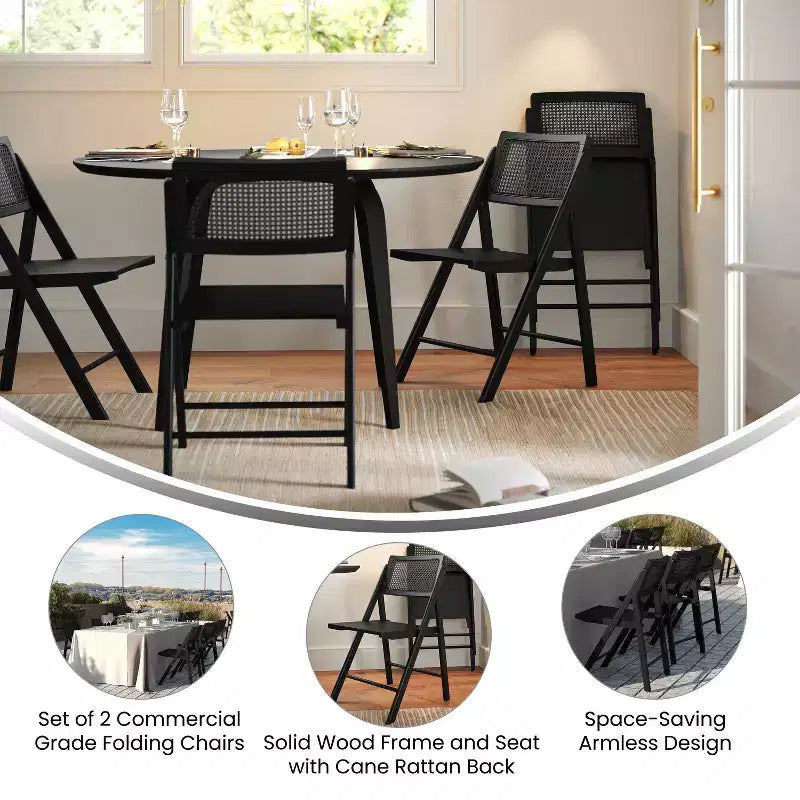 Set of 2 Cane Rattan Folding Chairs with Solid Wood Frames and Seats and Breathable Woven Rattan Backrest