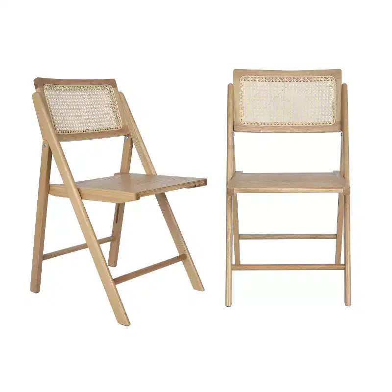Set of 2 Cane Rattan Folding Chairs with Solid Wood Frames and Seats and Breathable Woven Rattan Backrest