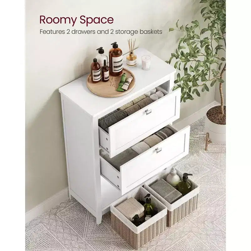Cabinet, Storage Cabinet and Organizers, 2 Drawers with 1 Adjustable Divider, 2 Baskets, Sideboard, Cloud White