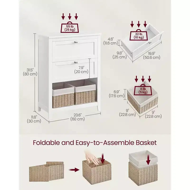 Cabinet, Storage Cabinet and Organizers, 2 Drawers with 1 Adjustable Divider, 2 Baskets, Sideboard, Cloud White