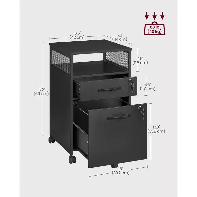 File Cabinet with Lock, Filing Cabinet with 2 Storage Drawers, for Hanging File Folders, Open Shelf
