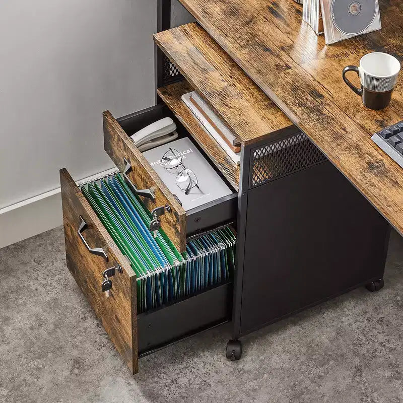 File Cabinet with Lock, Filing Cabinet with 2 Storage Drawers, for Hanging File Folders, Open Shelf