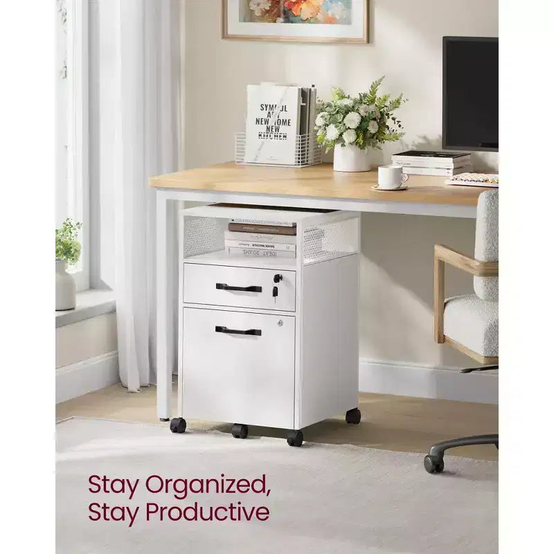 File Cabinet with Lock, Filing Cabinet with 2 Storage Drawers, for Hanging File Folders, Open Shelf