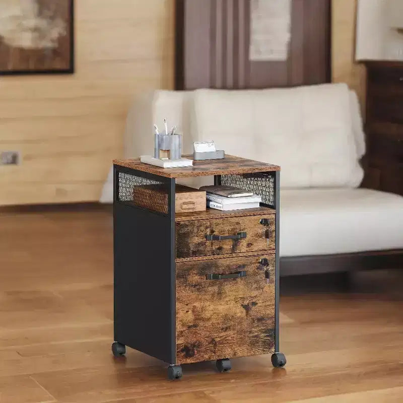 File Cabinet with Lock, Filing Cabinet with 2 Storage Drawers, for Hanging File Folders, Open Shelf