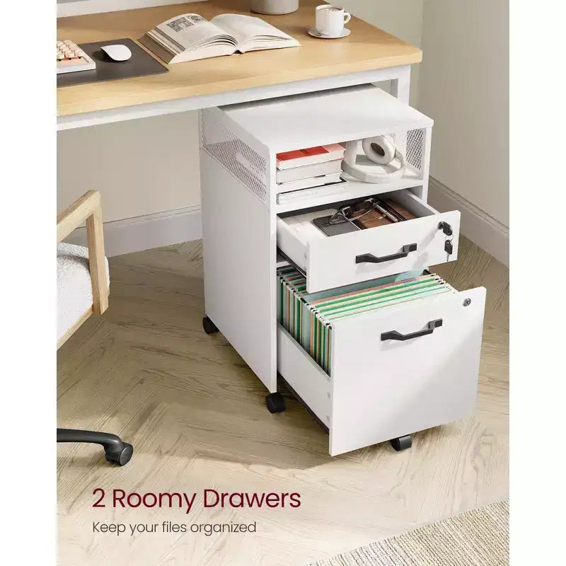 File Cabinet with Lock, Filing Cabinet with 2 Storage Drawers, for Hanging File Folders, Open Shelf