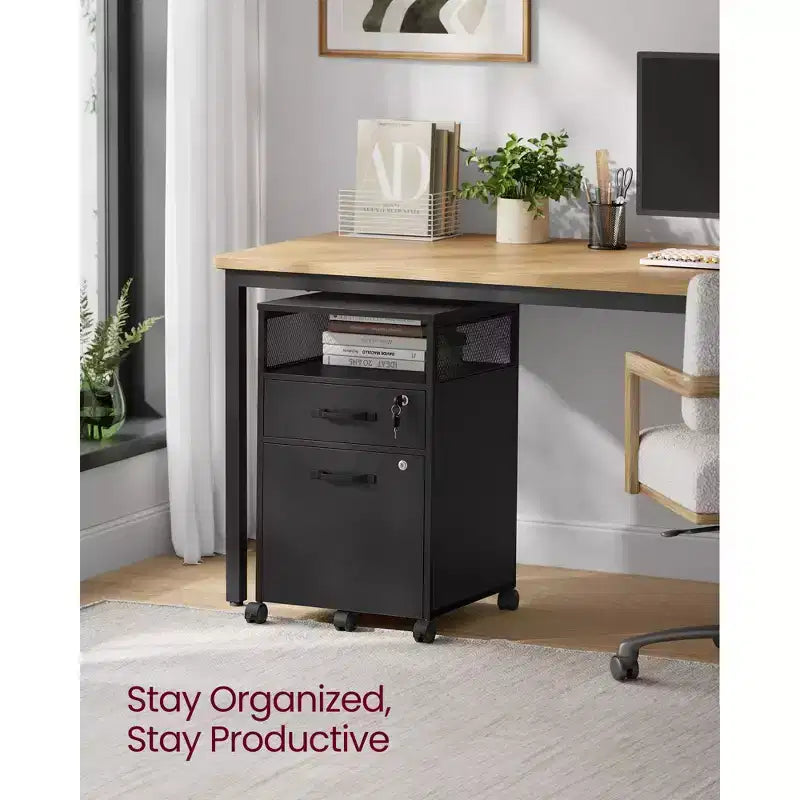 File Cabinet with Lock, Filing Cabinet with 2 Storage Drawers, for Hanging File Folders, Open Shelf