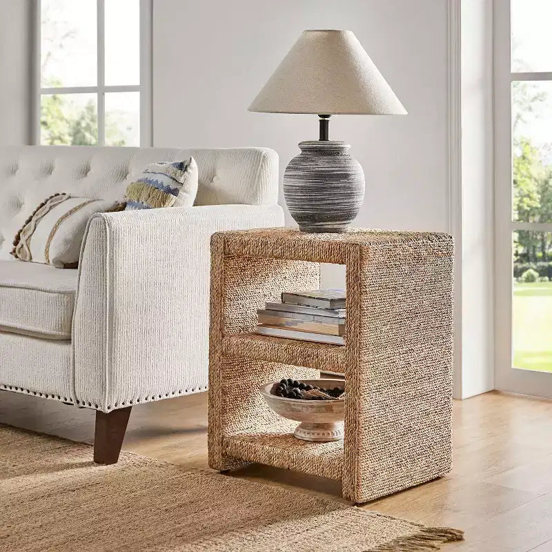 24 Coastal Style Grass Rope Side Table with Two Open Shelves|ART OF LIVING DESIGNS-NATURAL